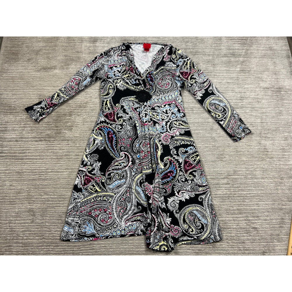 V Cristina Dress Womens Large Black Multi Paisley Long Sleeve VNeck Rosette Midi